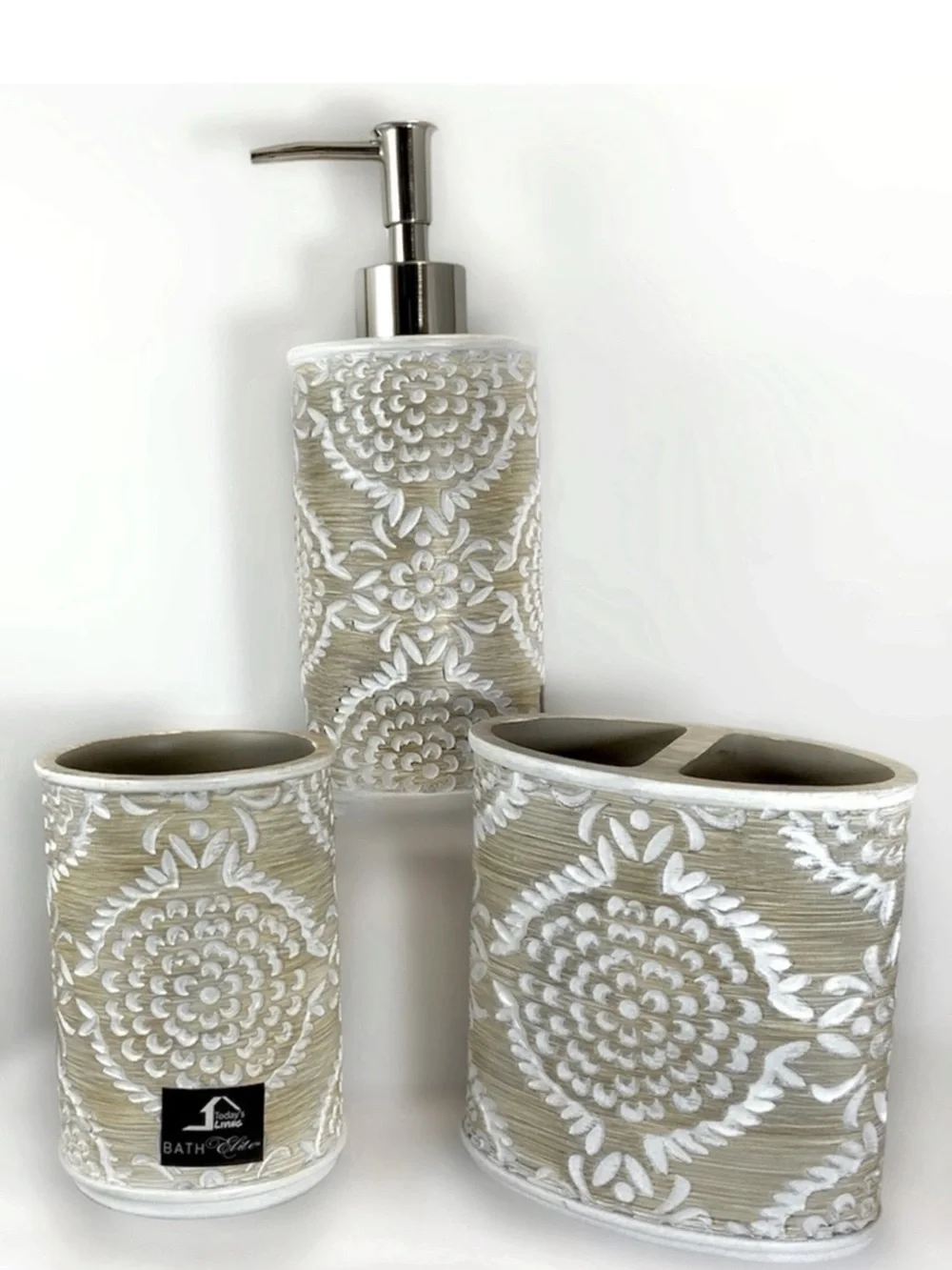 Elite Khaki 3 Piece Bathroom Vanity Accessory Set Tan/Beige White